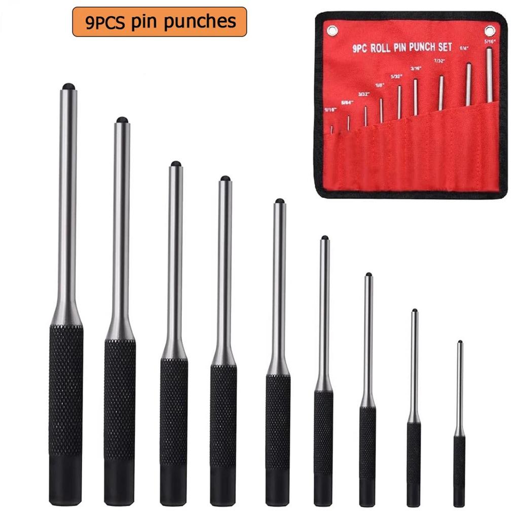 9PCS/Set Punch Removing Repair Tools Roll Pin Punch Set Multi-Size Steel with Bench Block Pin Punches and Hammer Car Accessory