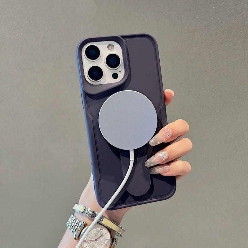 For Magsafe Liquid Silicone Invisible Bracket Phone Case For iPhone 16 15 14 13 12 11 Pro Max Magnetic Wireless Charging Cover