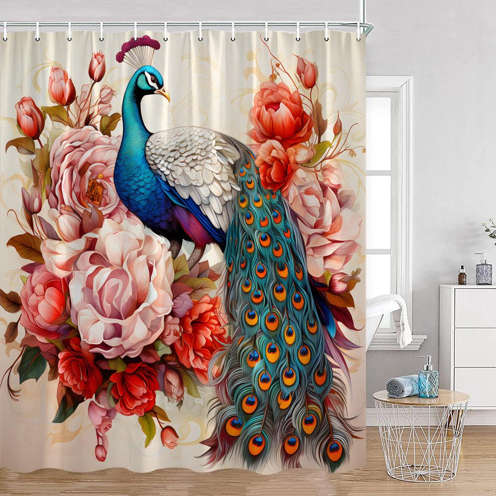 Peacock Shower Curtain Beautiful Blue Bird Pink Flower Tree Chinese Style Elegant Bath Curtain Modern Bathroom Decor with Hook