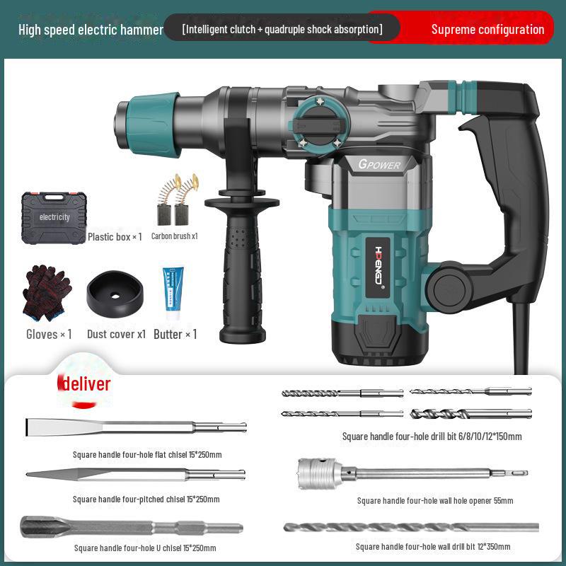 Taladro y martillo de impacto eléctrico multifunción de alta potencia para hormigón y uso doméstico.