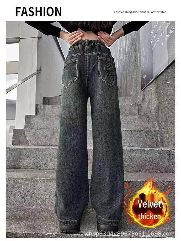 Modische Mädchen-Winterhose 2024 mit Fleecefutter - Herbstliche gerade Jeans mit weitem Bein für größere Kinder