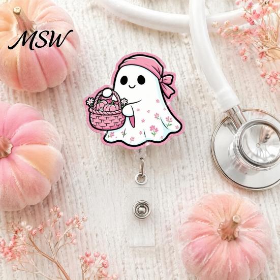 Decorative Badge Holder for Nurses Halloween Ghost Reel, Glitter Acrylic Retractable Clip, Cute Pink Transparent Clip ID Name Women Nurse Teacher