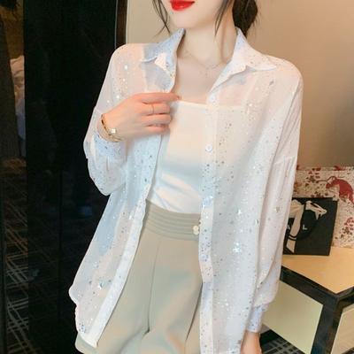 Summer Sequin-printed Chiffon Shirt Sun-protective Coat Anti-ultraviolet Thin-style Long-sleeved Top for Women