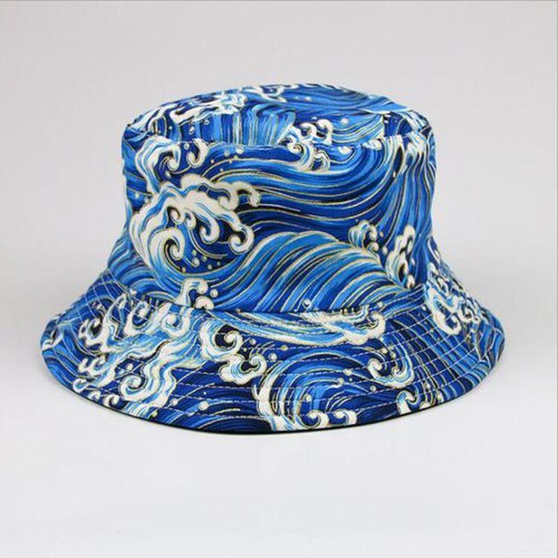 New Fisherman Hat Adult Beach Hat Wave Print Flat Top Basin Hat Ladies Leisure Sunshade Hat