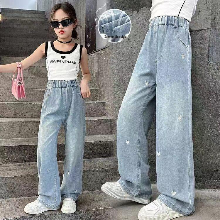 Girls Medium-Large Tencel Denim Wide-Leg Summer Pants 2026 130cm