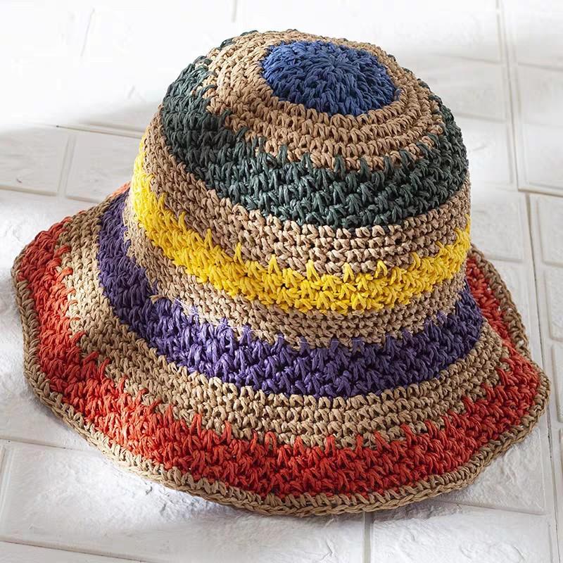 Sombrero de Cubo de Ganchillo a Rayas Arcoíris de Verano para Mujer Sombrero Panamá Plegable de Ganchillo Visera Solar de Playa para Mujer