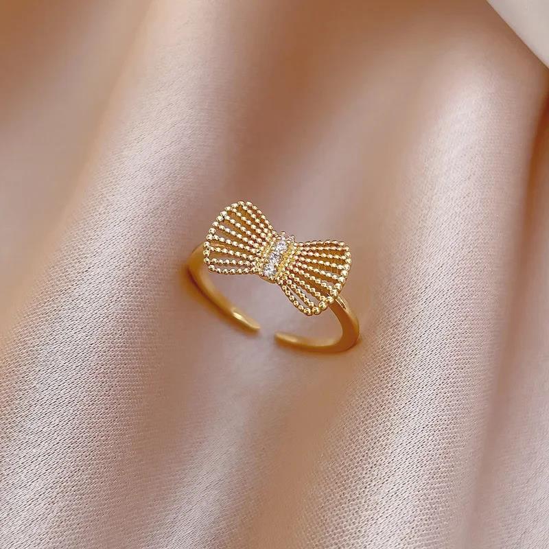 Simple Design Bowknot Shaped Gold Color Adjustable Ring For Women All Match Personality Sweet Crystal Open Rings Wedding Jewelry