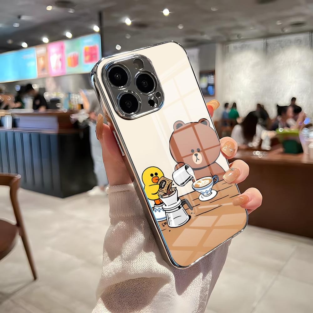 

Cute L-Line F-Friends Brown Phone Case For IPhone 17 Pro Max 15 Pro 16 14 Plus 12 13 Mini 11 Pro Shockproof Electroplated Glass iPhone 16 Pro Max