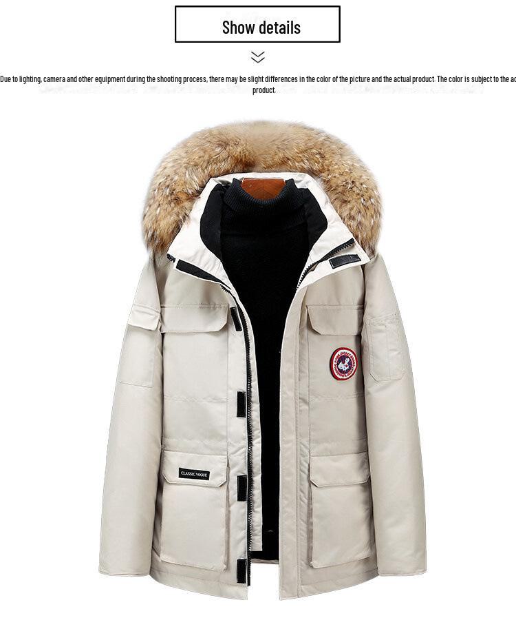 Unisex White Duck Down Jacket with Large Fur Collar, Multi-Pocket, Hooded, Warm and Trendy Workwear Style.