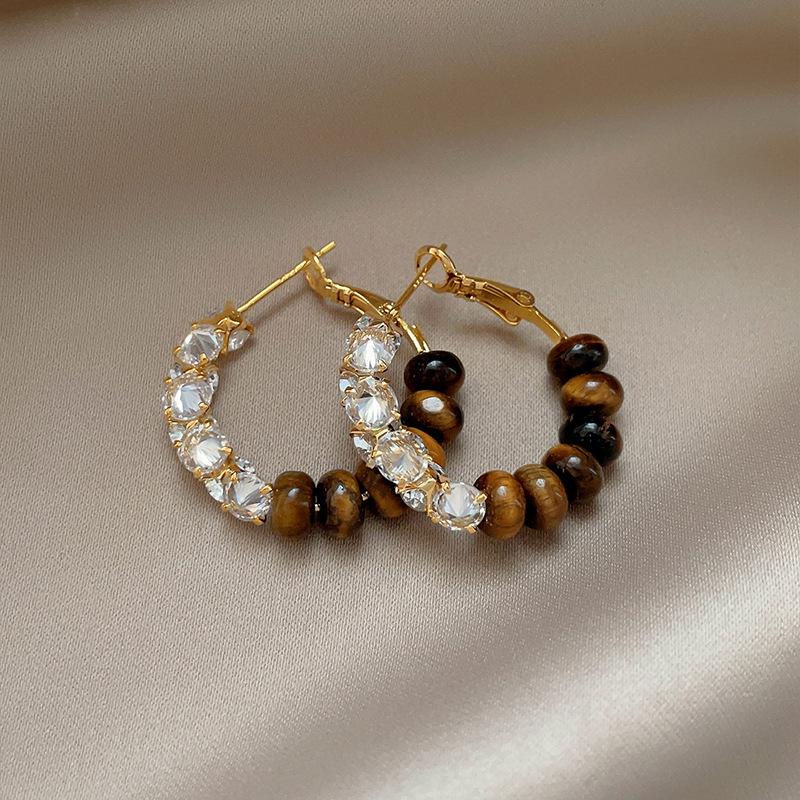 Silver Needle Retro Tiger Eye Zircon Round Earrings - Maillard Style Luxury Studs.