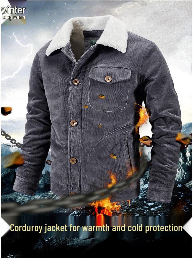 Men's Plus Size Fleece-Lined Corduroy Cotton Jacket - Casual and Loose Fit