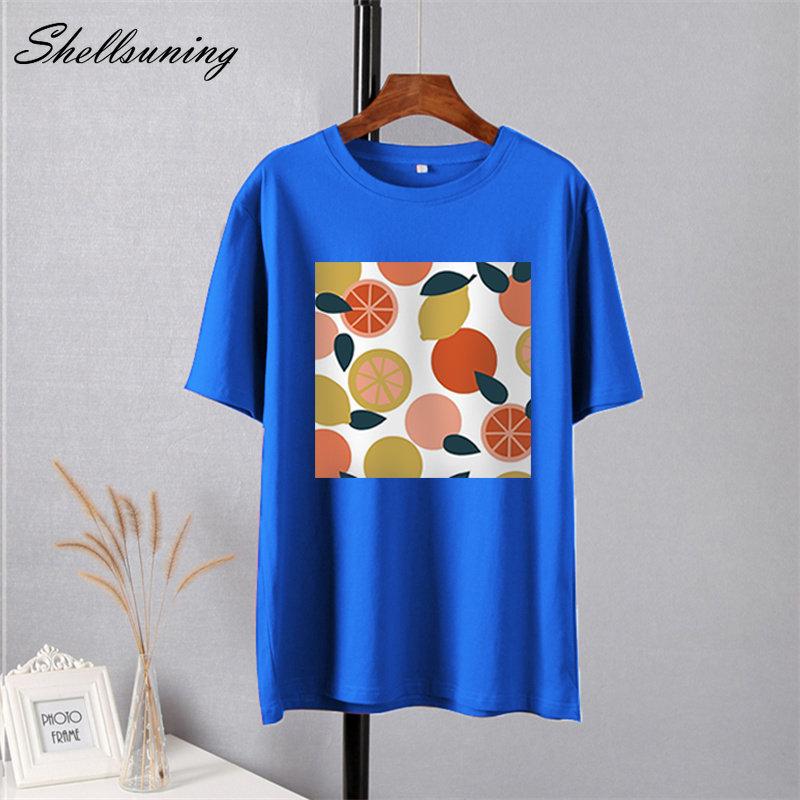 Shellsuning Casaul Kawaii Fruit Printed T Shirt Women Loose O Neck Short Sleeve Base Tees Female Simple Cotton Trendy White Tops