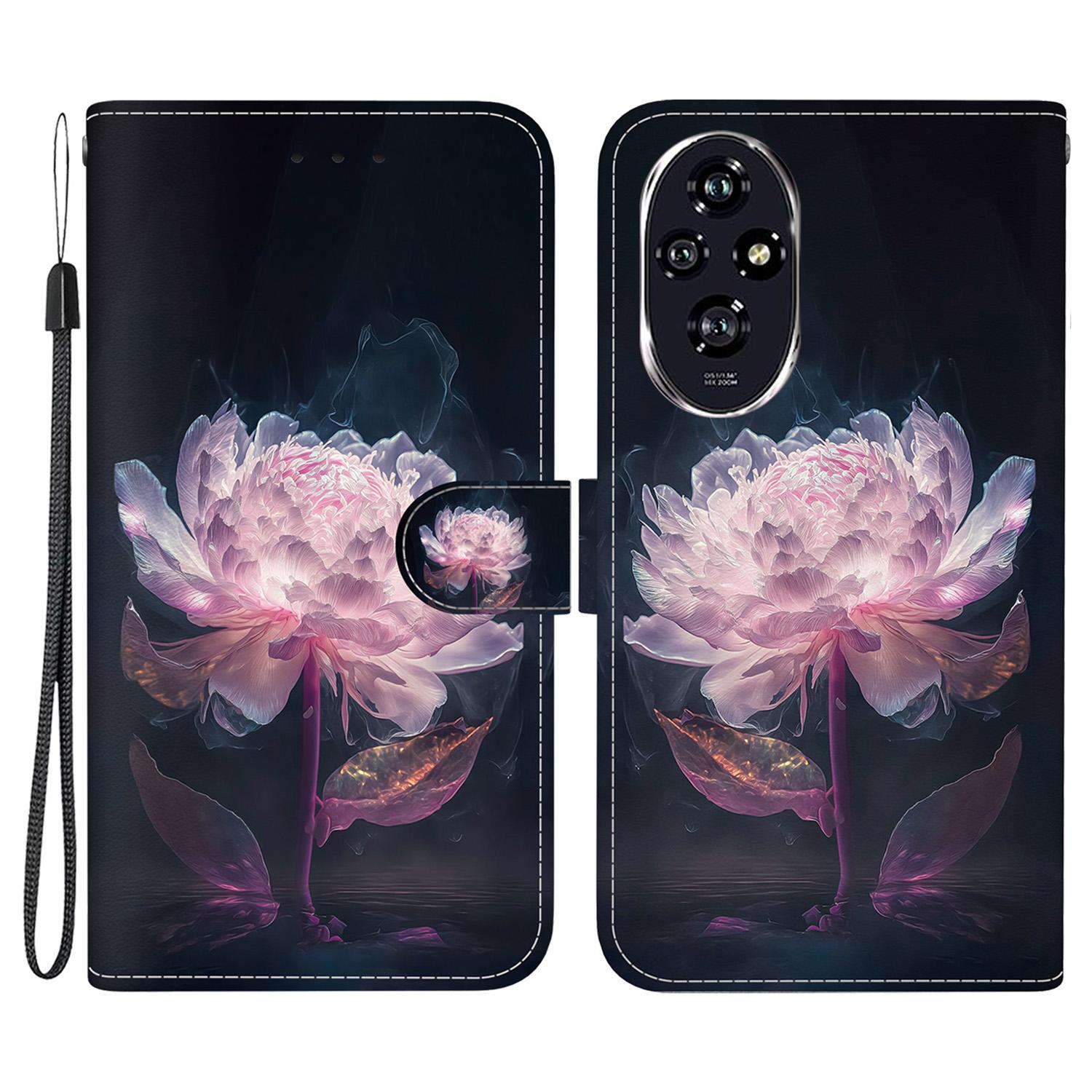 

For Honor 200 5G Case Pattern Print Leather Wallet Phone Cover with Stand Purple Peony
