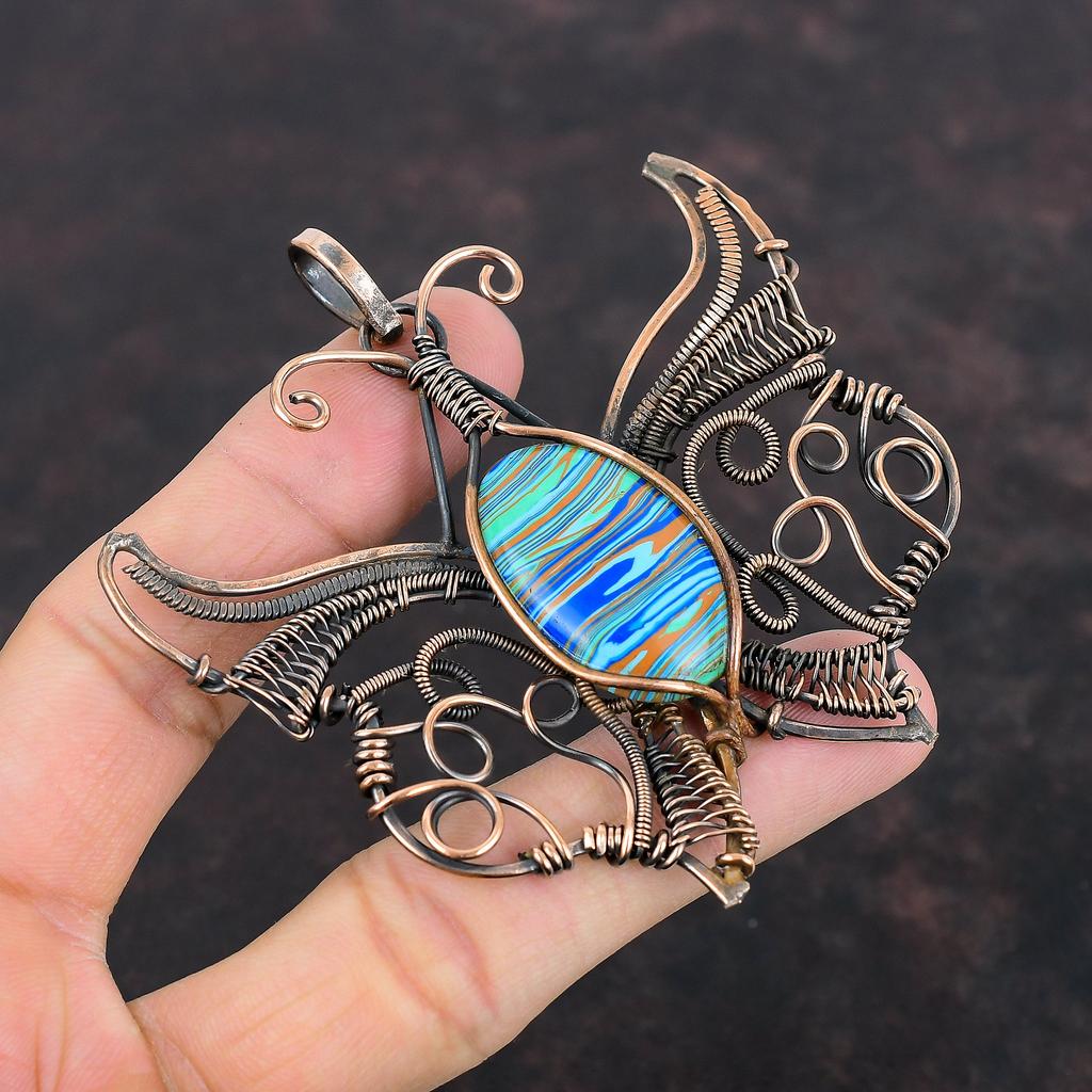 Rainbow Calsilica Pendant Copper Wire Wrapped Pendant Butterfly Pendant Gemstone Pendant Copper Wire Jewelry Gifts For Him Handmade Pendants