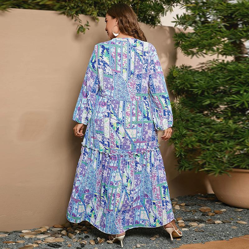 France Middle East hot sale, spring and autumn large size dress chiffon printing long sleeve V neck loose dress