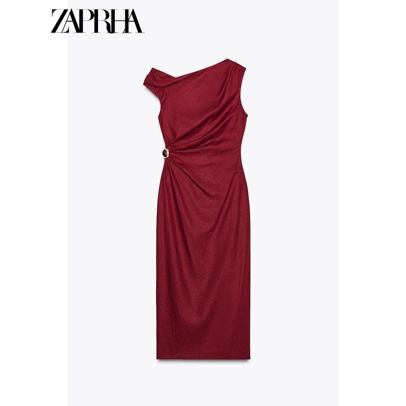 Zaprha 2025 New Arrival Unique Beautiful Linen Blend Ruched Midi Skirt Dress Waist Slim Looking 2840709