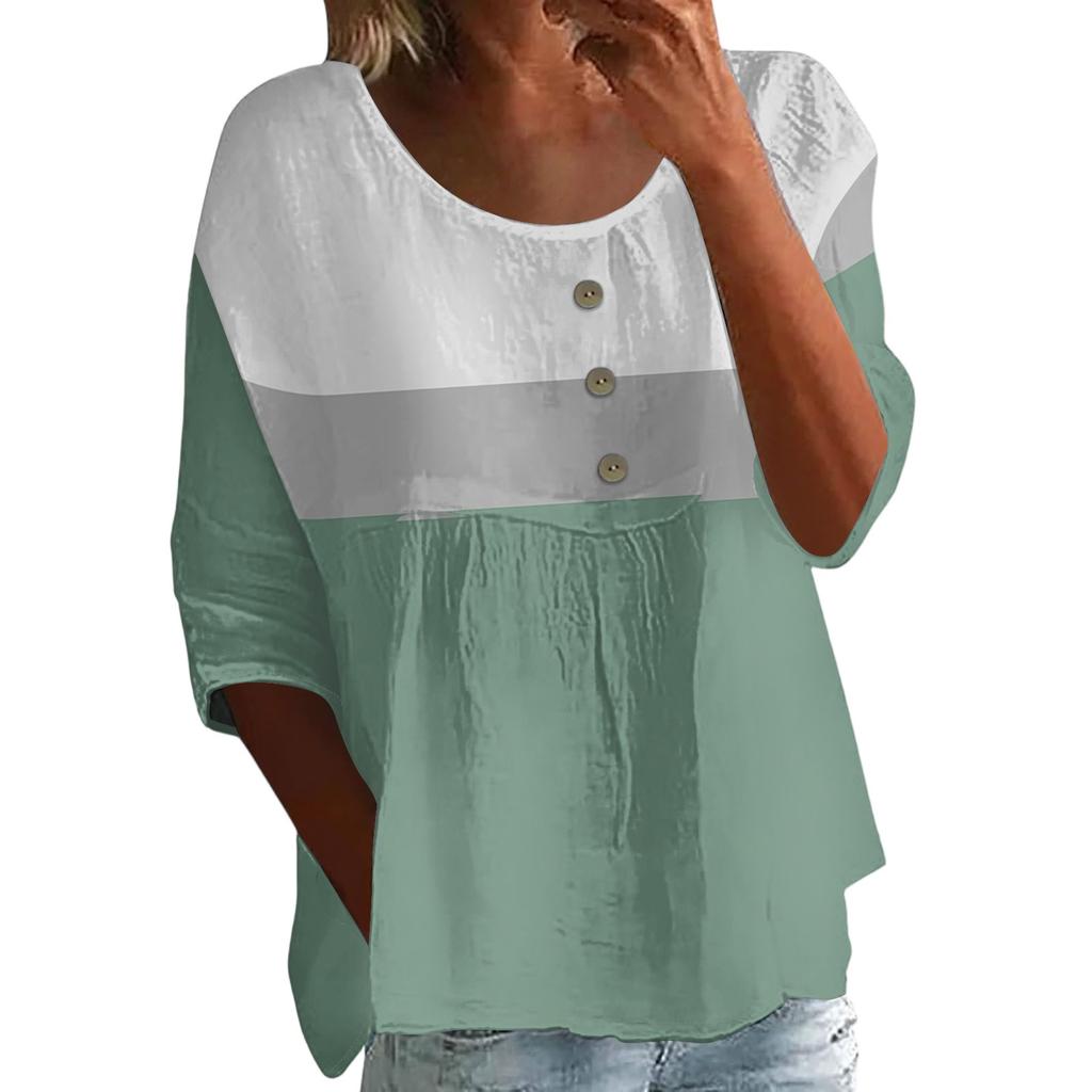 Damen Casual Mode Dreiviertelarm Locker Rundhals Knopf Karoprint Oberteil