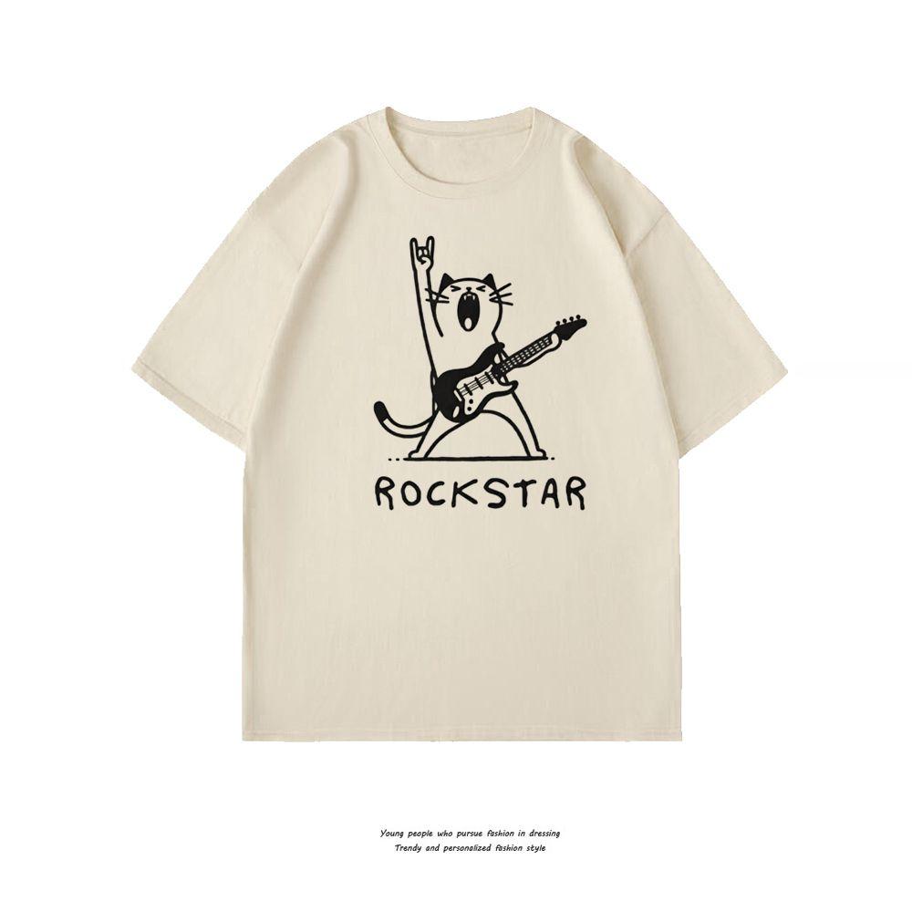 Summer New American Rockstar Rockstar Cat Shortsleeved Summer Casual Loose Tshirt Made of Pure Cotton