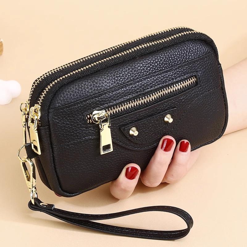 

Genuine Leather Women Double Zip Wallet new Ladies Clutch Purse Cowhide Wristlet Bag Coin Purse Fashion Mobile Phone Bags