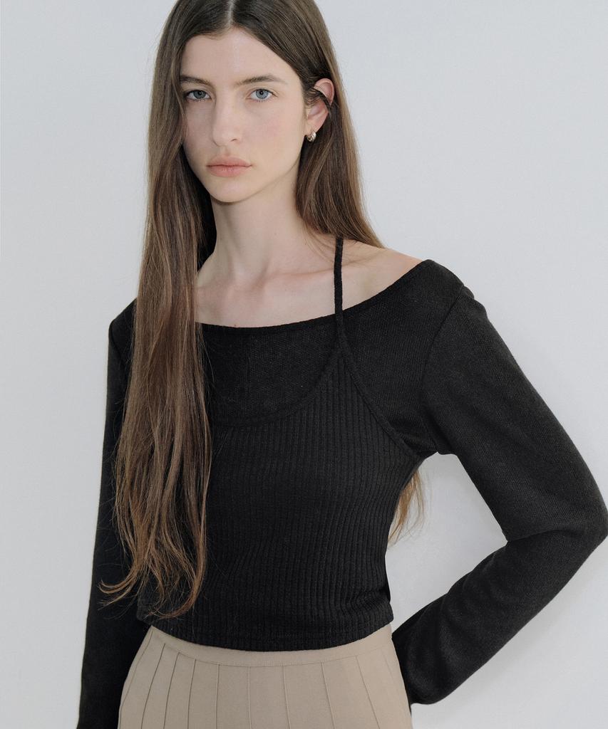 AWOKOMOSEU Ribbed Layered Halterneck T-Shirt (Black) Orc 6103
