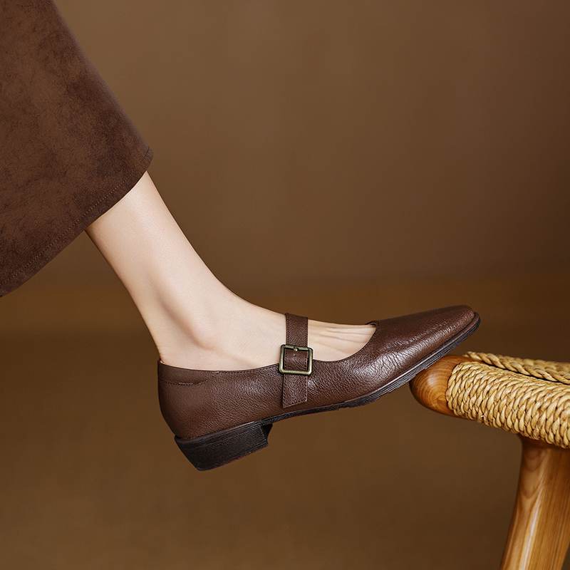 Krazing Pot Sheepskin Autumn Winter Shoes Buckle Straps Low Heels Mary Janes Size 40 Round Toe Brown Color Pumps