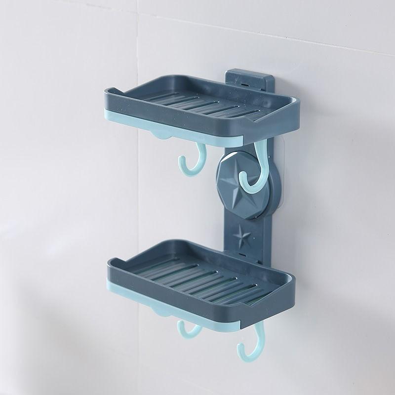 Punch-Free Wall-Mounted Soap Dish Rack with Hooks and Draining Shelf