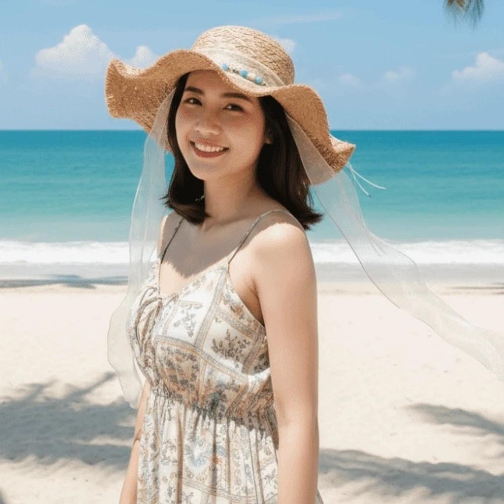 Breathable Big Brimmed Straw Hat with Turquoise Woven Sun Cap Vacation Beach Cap  Performances