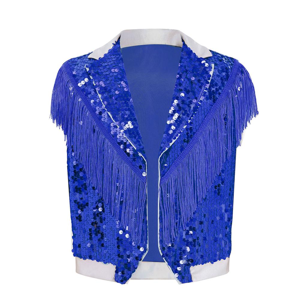 Gilet de Performance Scénique Danse Jazz pour Garçons à Franges Paillettes Scintillantes Revers de Couleur Contrastante Haut Sans Manches