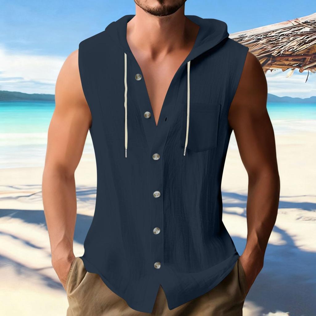 Men's Casual Sleeveless Shirt Cotton Linen Hooded Fashionable  Color Loose Vest Top