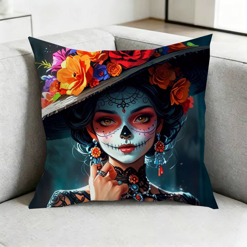 Dead MexicanN CCatrina Skull Square DoubleSided printed Pillow Case Bedroom Bedside Pillow Sofa Cushion Cover Gift