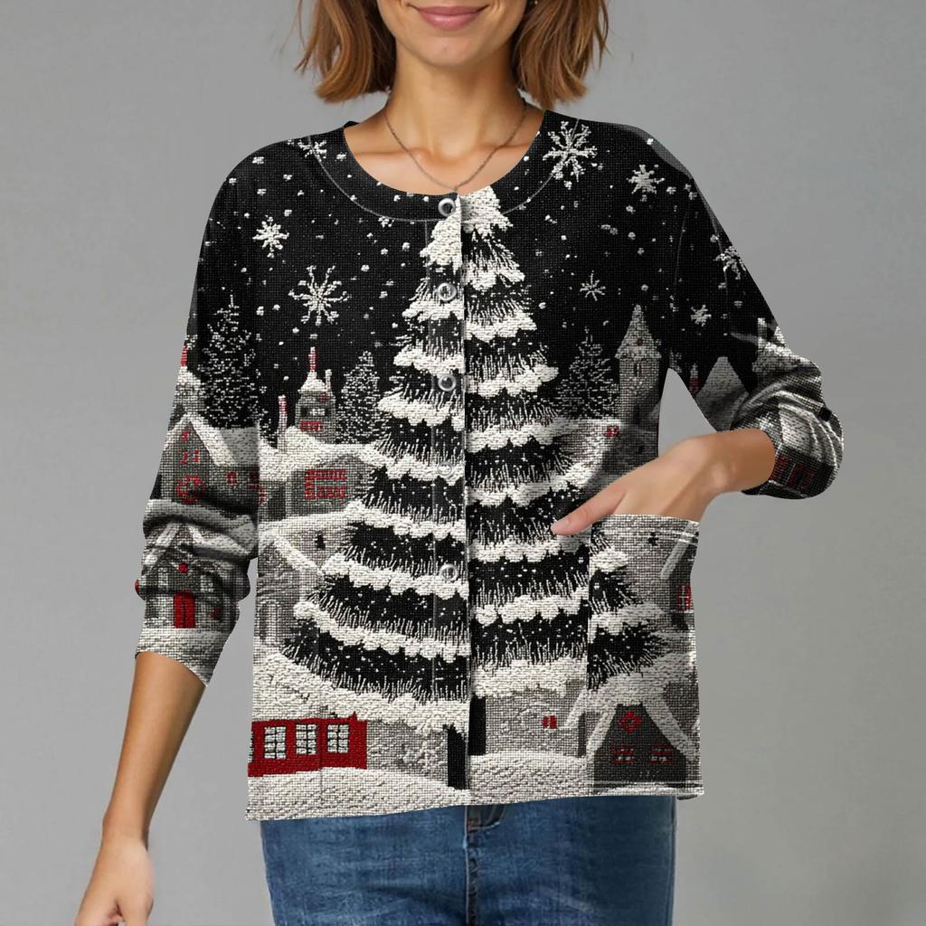 Women's Casual Long-Sleeved Single-Breasted Christmas-Themed Print  Cardigan