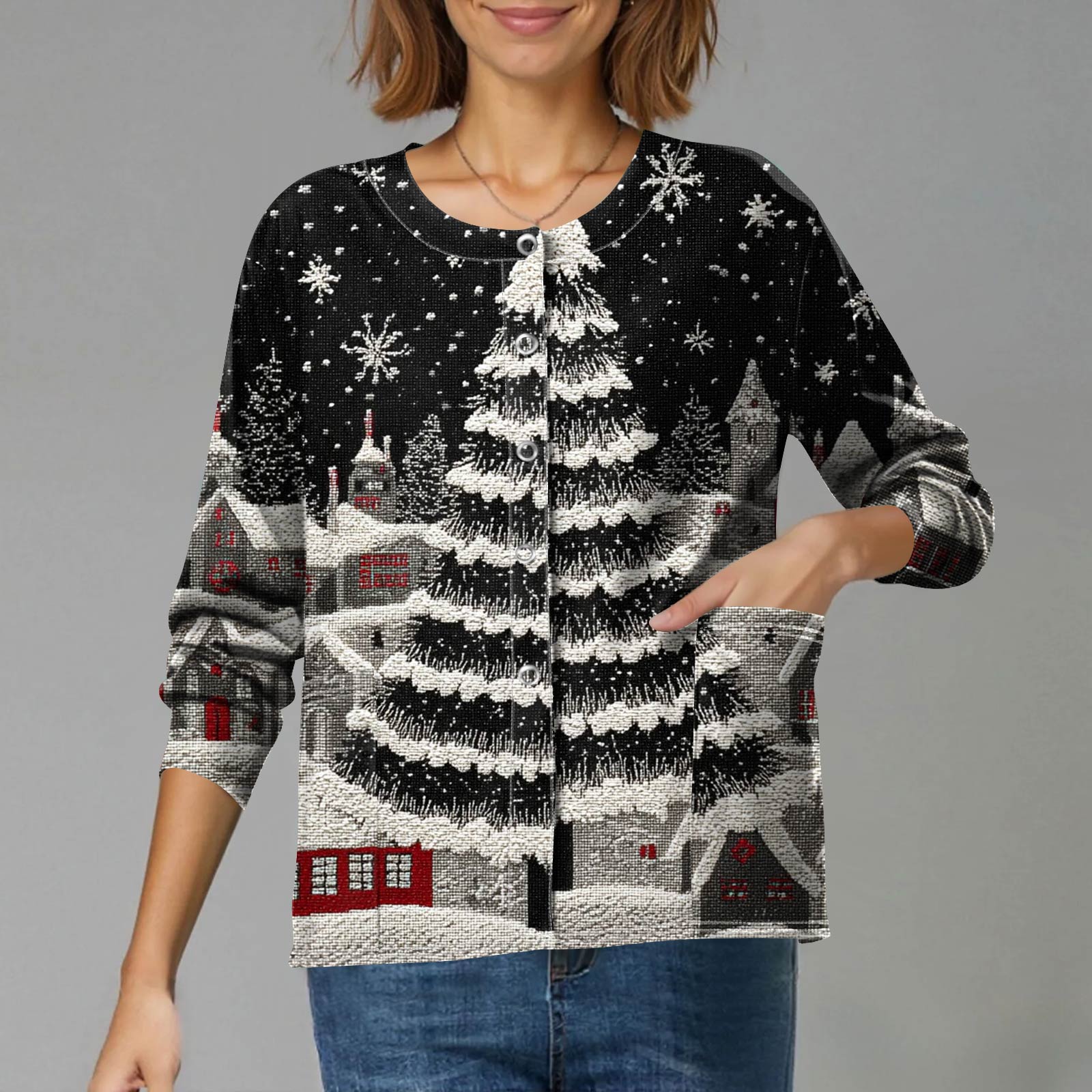 

Женский повседневный кардиган на одной пуговице с длинным рукавом и принтом на рождественскую тематику XXL чёрный