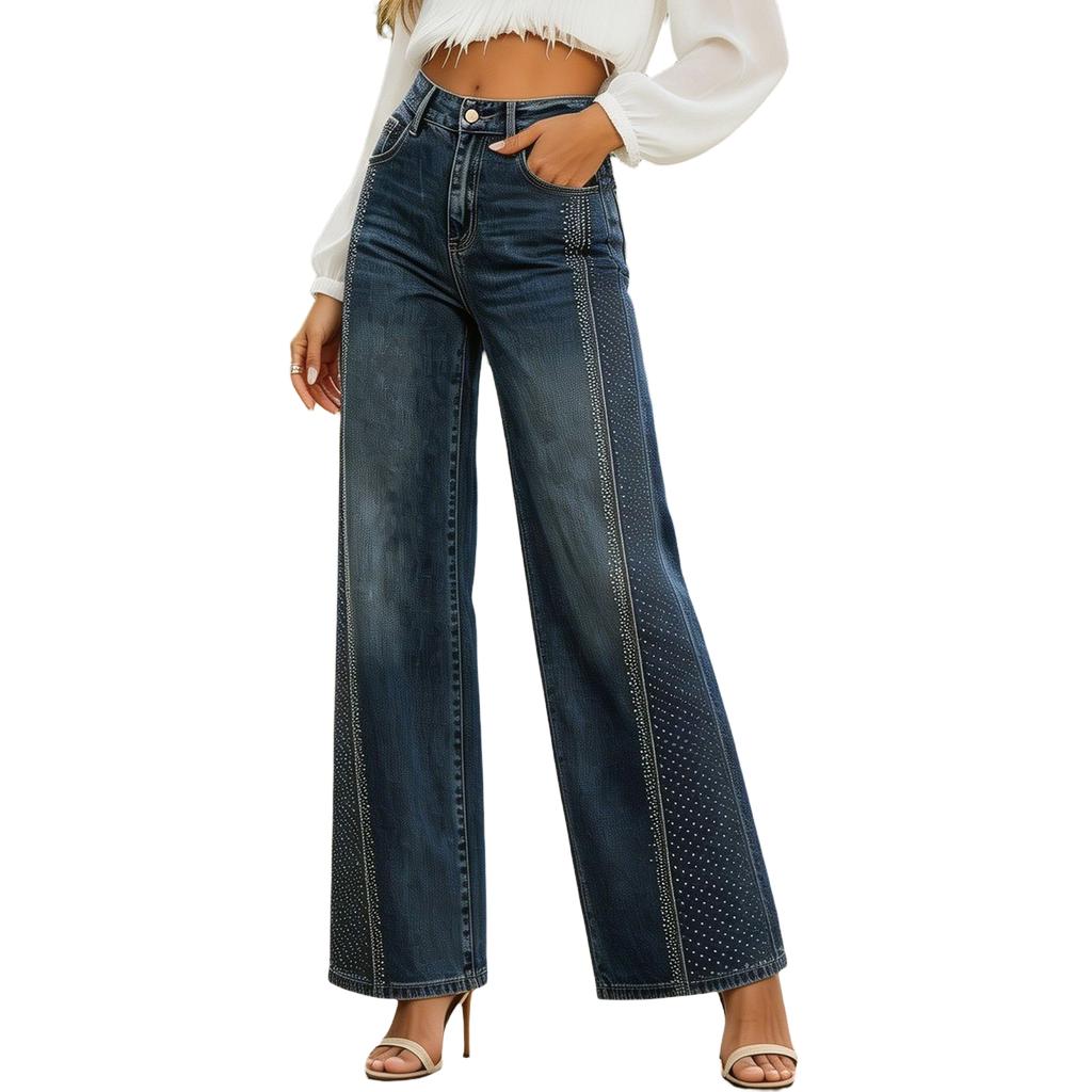Damen Jeans mit weitem Bein und Verzierungen Lässige lockere Denim-Hose