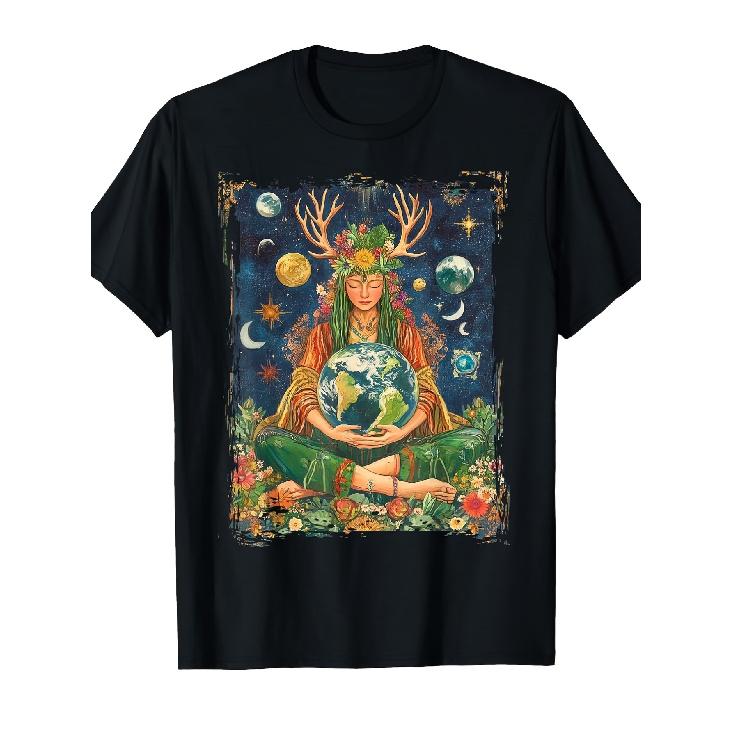 Gaia Greek Goddess Pagan Mother Earth T-Shirt - Women s & Men s Vintage Eco Spiritual Soft Cotton Black Shirt with Celestial Earth Goddess Design - S