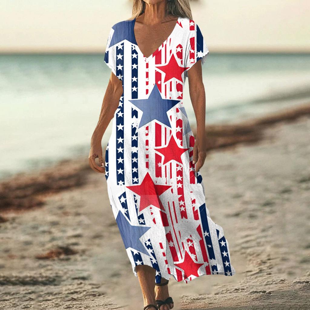 Women’s Maxi Dress V Neck Short Sleeve Loose Fit with Star and Stripe Printed Pattern for Casual Summer Wear
