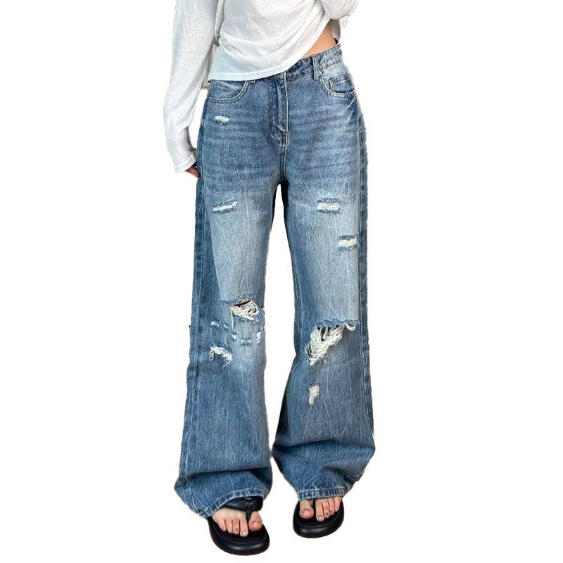 Straight Plus Size Jeans Female Year Female Broken Holes High Waist Washed Design Sense Skinny Wide Leg Trousers Jeans for Women Long Denim Pants