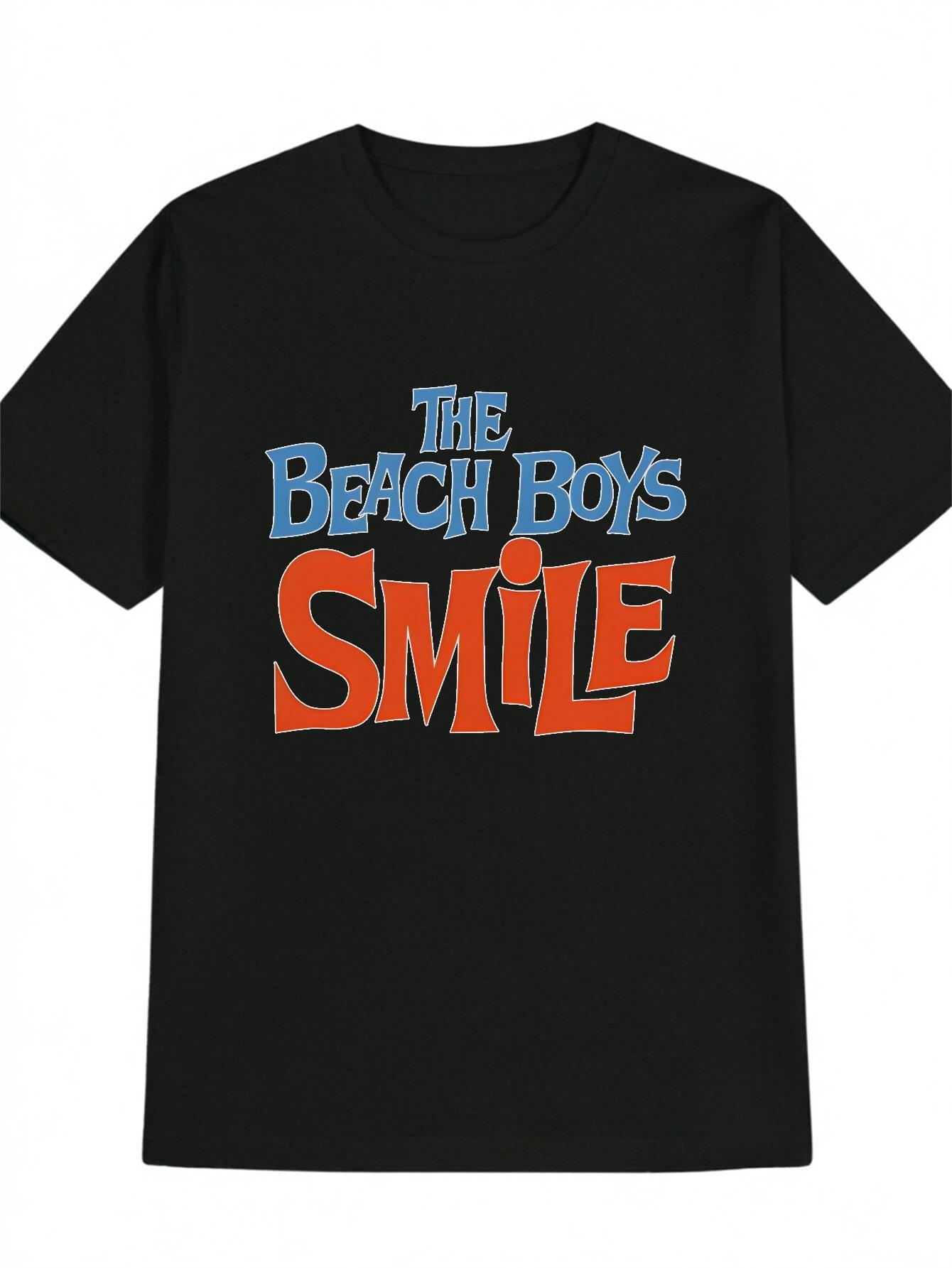 

Casual Short Sleeve T-shirt with THE BEACH BOYS SMILE Graphic Print - Black with Blue & Orange Lettering S