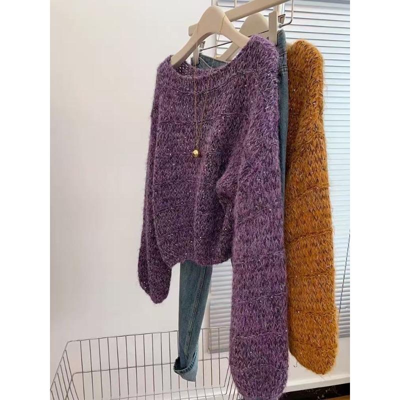 

Фиолетовый свободный пуловер с длинными рукавами, вязаный свитер, женский короткий новый ленивый высококлассный топ L лавандовый