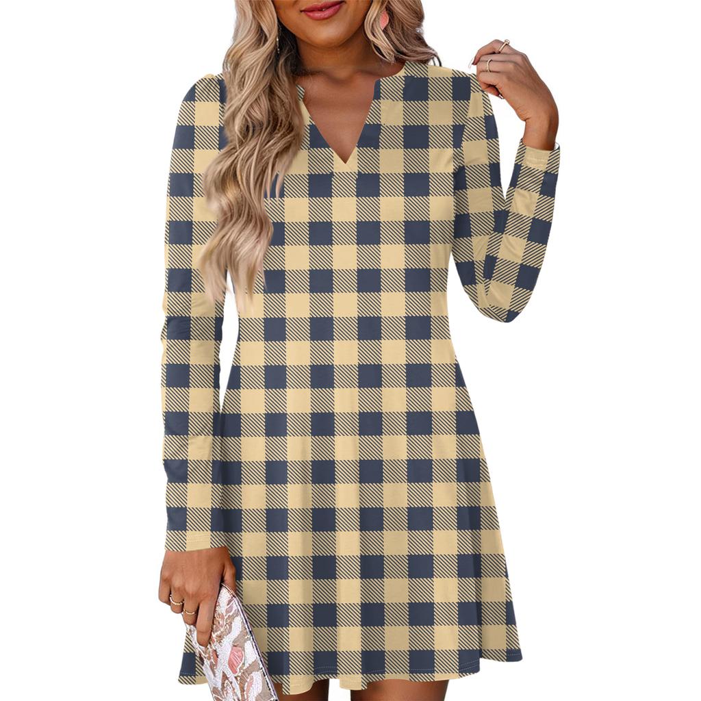 Women's Fashion Plaid V-Neck Long Sleeve Dress