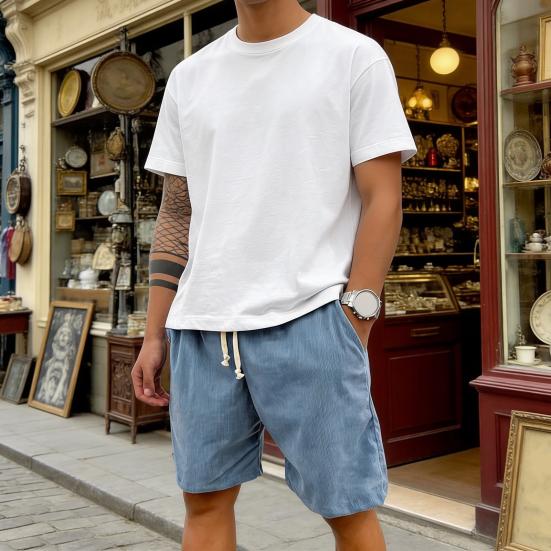 Men Shorts Elastic Waist Adjustable Leg Summer Corduroy Drawstring Wide Shorts with Pockets Loose Fit Casual