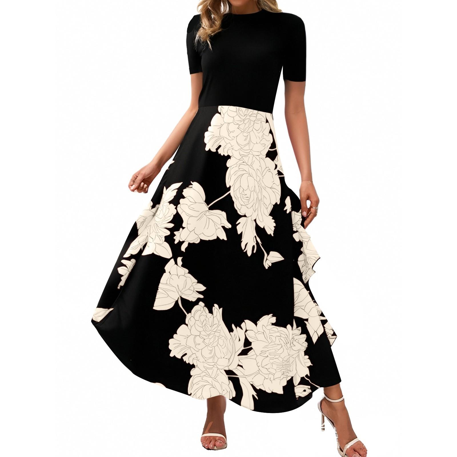 

Женское платье макси с цветочным принтом, повседневное, с круглым вырезом, короткими рукавами, оборками, струящееся, коктейльное, свадебное, для гостей XXL