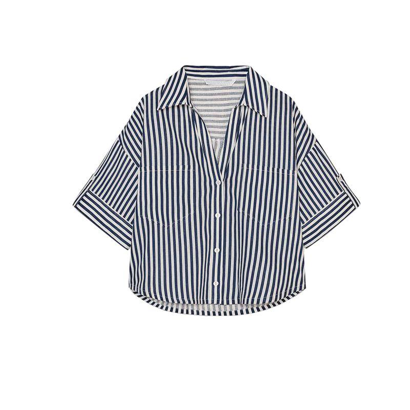 Spring New Women's Clothing Simple Stickers Pocket Decoration Linen Blended V-neck T-shirt Shory Style Shirt Tops 2187572