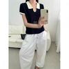 Korean Style Color-Block Polo Collar Knit Cropped T-Shirt