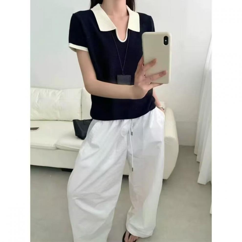 Korean Style Color-Block Polo Collar Knit Cropped T-Shirt
