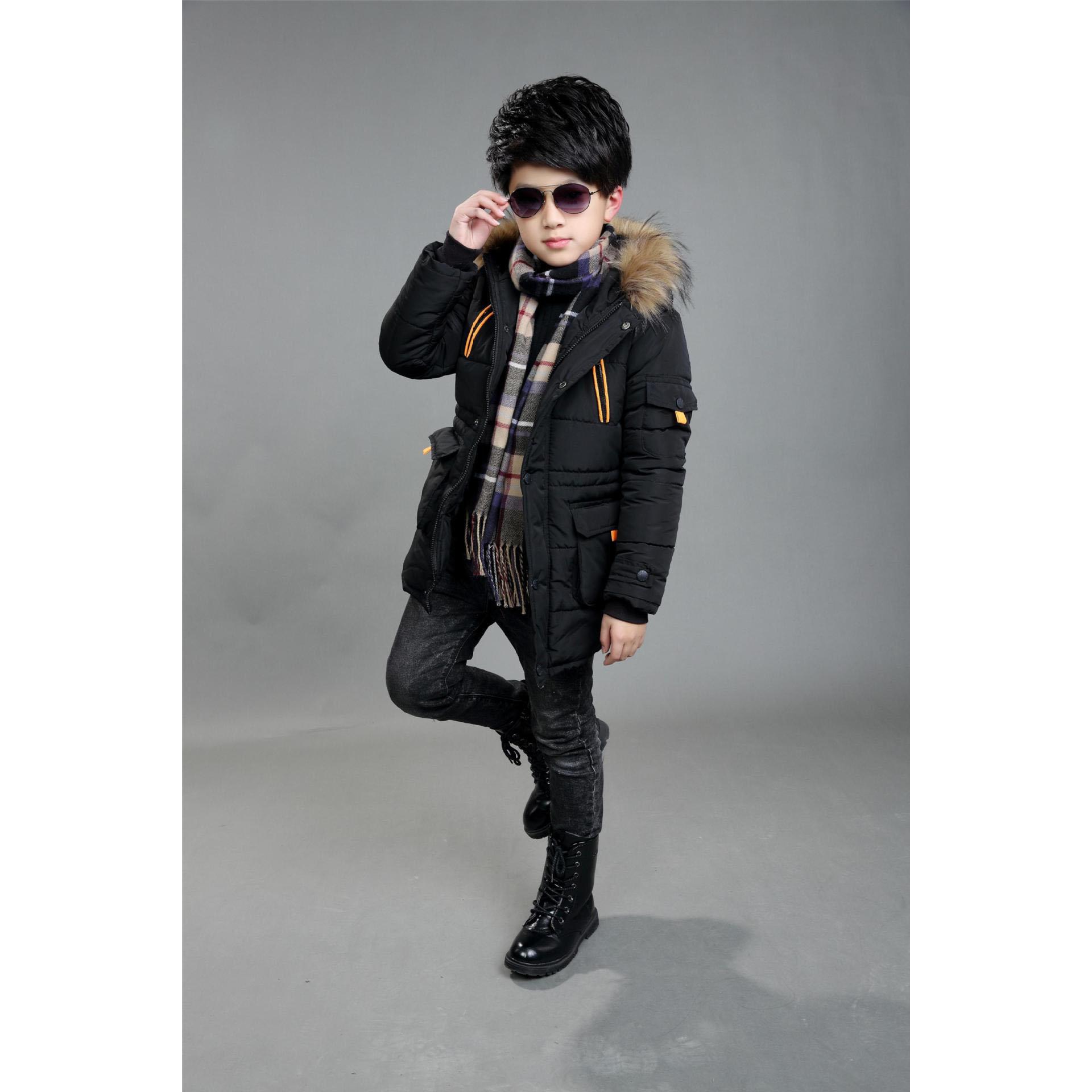 

3 -14 лет Очень Теплая Зимняя Куртка для Мальчиков Подростковая Средней Длины Плюс Бархат Толстый Меховой воротник С Капюшоном Хлопковое Пальто для Детей 120 чёрный