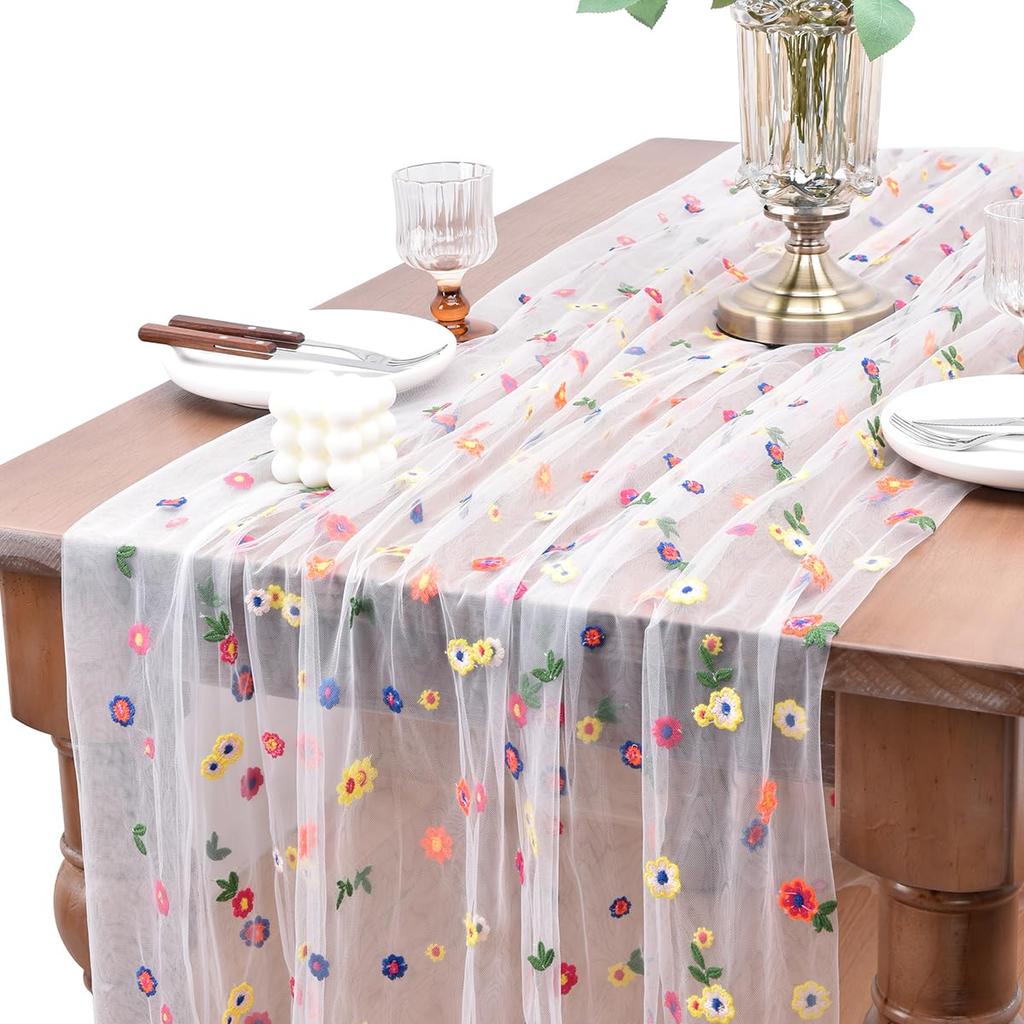 Embroidery Daisy Spring Summer Table Runner 10ft Florals Table Runner Holiday Kitchen Dining Table Decoration for Home Party Indoor