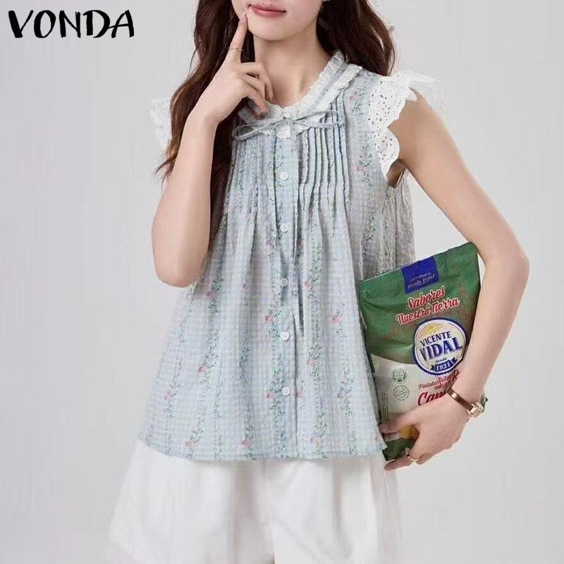 

VONDA Женские топы-майки в стиле колледжа с оборками, без рукавов, в клетку, повседневные 5XL синий