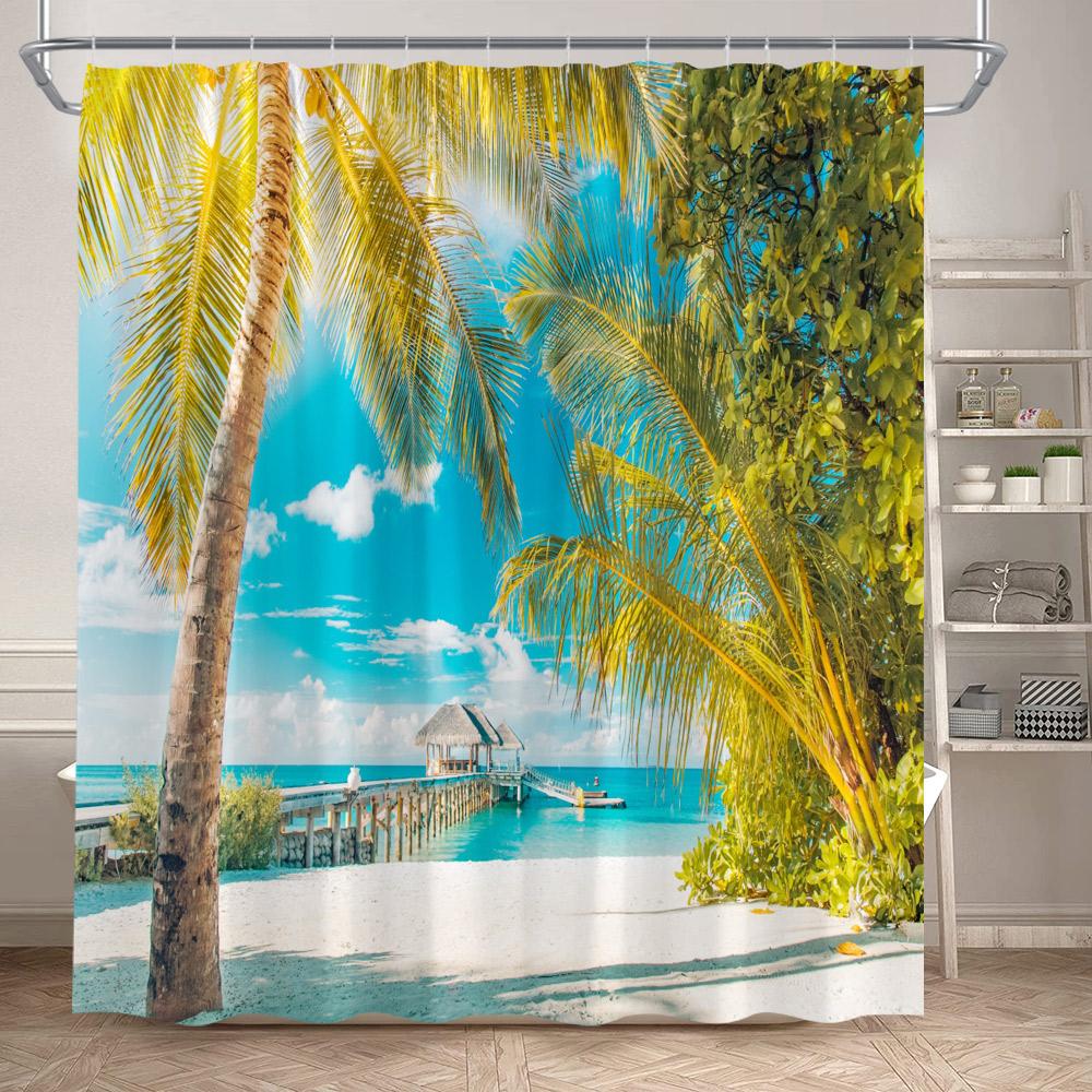 Hawaii Beach Shower Curtain Tropical Palm Leaves Blue Ocean Summer Holiday Nature Scenery Bathroom Curtains Polyester Home Decor