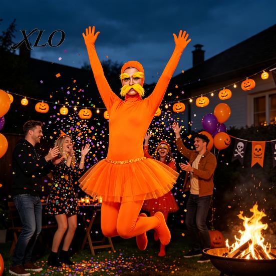 Halloween Cosplay Overall Orange Ganzkörperanzug, mit Tüllrock, Fake-Bauch, Gelbem Schnurrbart & Augenbrauen, Versteckter Reißverschluss Outfits Offenes Gesicht Zentai