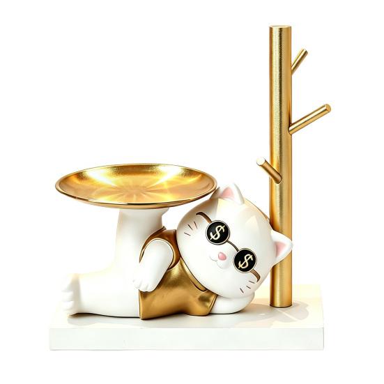 Lucky Cat Key Holder Tray Resin Fortune Cat for Entryway Table Tray with Wooden Stand Jewelry C